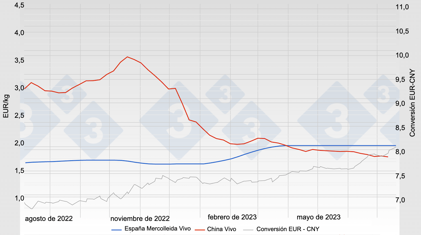 Evolución del precio del cerdo en España (Mercolleida) y China